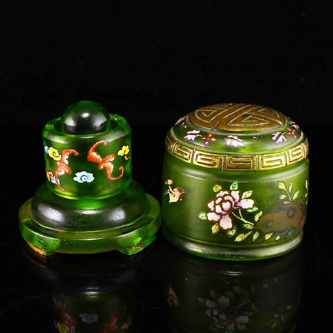 Vintage Chinese Gilt Gold Famille Rose Peking Glass Thumb Ring & Box (1 of 6)