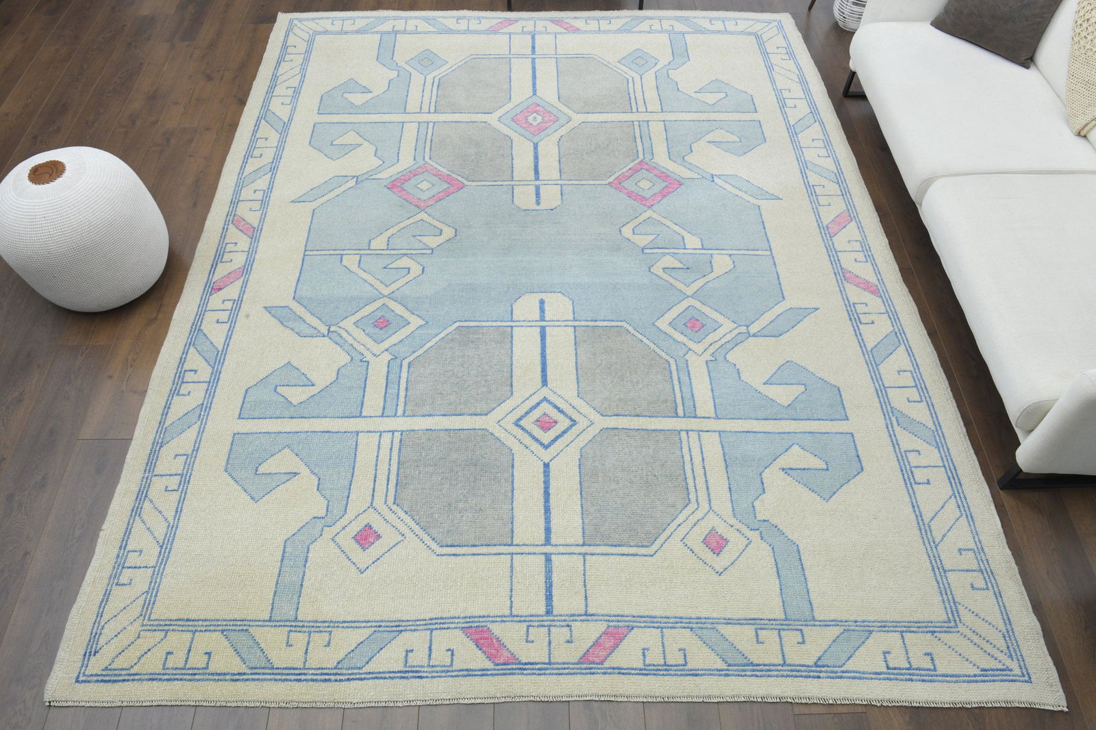 9x12 Pastel Oushak Antique Handmade Wool: Title: 9x12 Pastel Oushak Antique Handmade Wool Origin: Turkey Date/Period: 1960 - 1970 Dimension: Width: 8.5 feet Length: 10.7 feet Materials: Wool and Cotton Description: This one-of-a-kind Persian