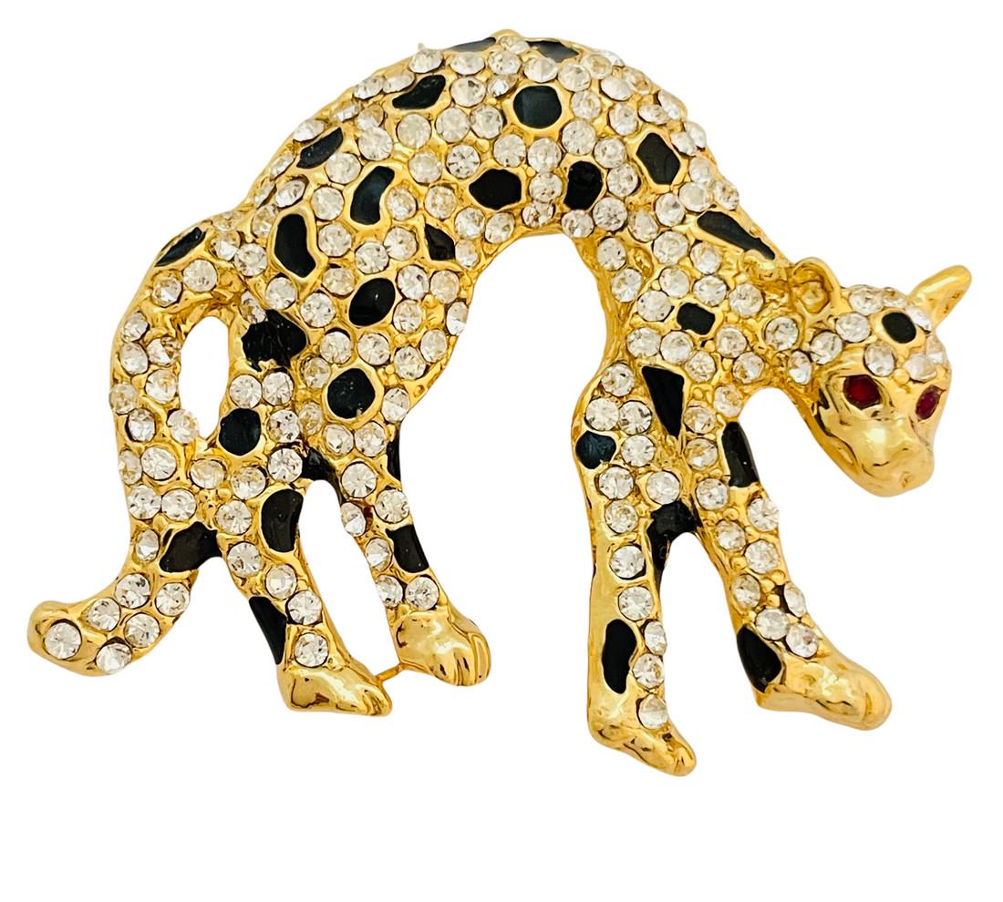 Vintage USA panther cat gold rhinestone enamel designer runway brooch (1 of 4)