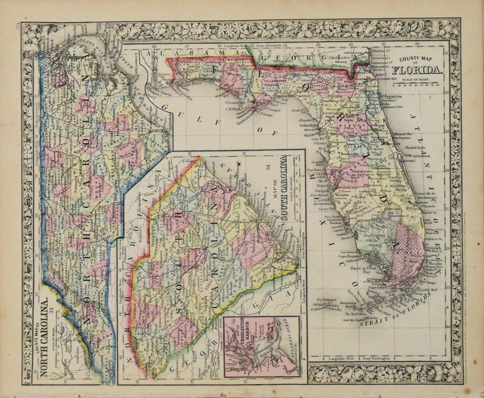 1860 Mitchell Map of Florida, South and North Carolina -- County Map of Florida on page with Map of (1 of 1)