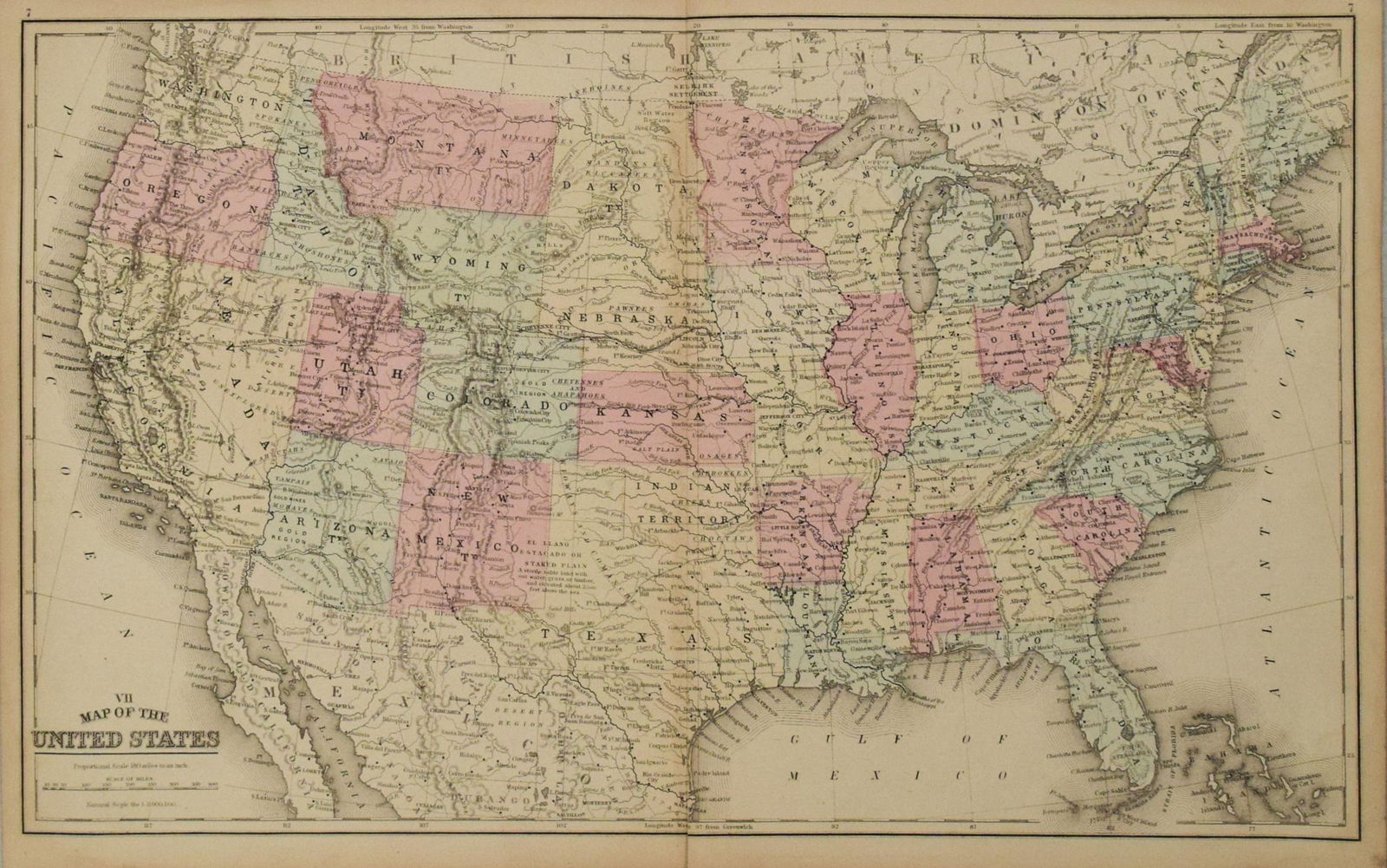 1869 Mitchell Map of US [verso] Maine, New Hamshire and Vermont -- VII Map of the United States (1 of 2)