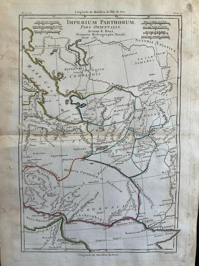 Central Persia into Central Asia. 1790 by Bonne: Title: Central Persia into Central Asia. 1790 by Bonne Date/Period: 1790 Materials: Copper plate engraved Size: 14 3/4” x 10 3/4” 1780-1790, published 1790 in "Atlas Portatif general pour 