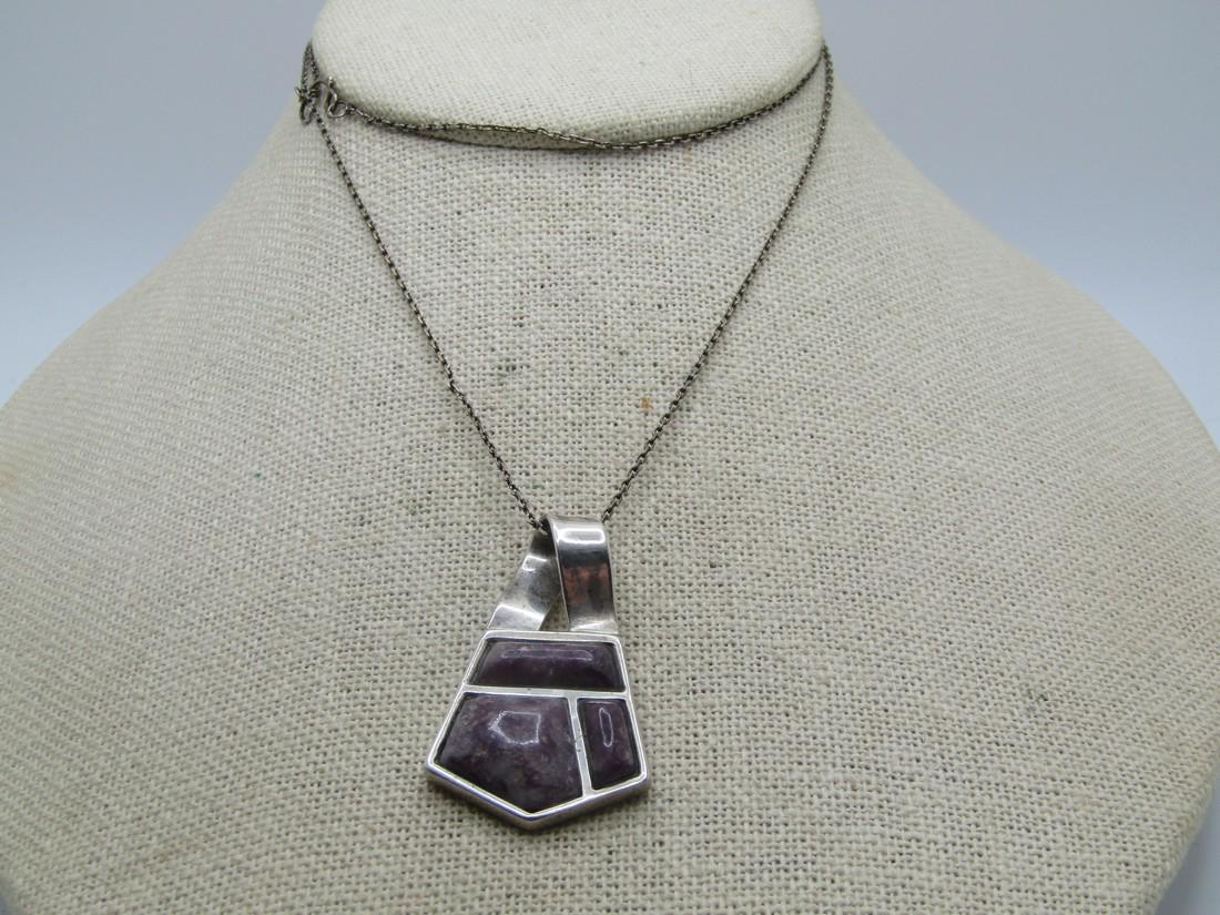 Vintage Sterling Sugalite Mod Necklace, 24", Signed DTR, Jay King: Vintage Sterling Sugalite Mod Necklace, 24", Signed DTR, Jay King. The pendant has a wide looped over bail - a mod style - tha is appx. 6mm wide. It has three seconds with domed sugalite or possibly a
