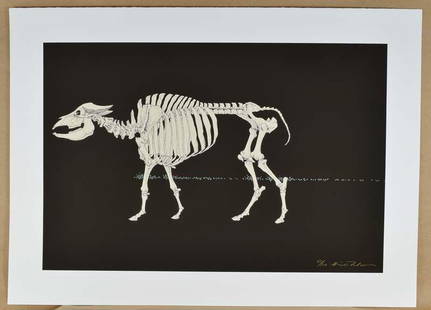 Original HIDEO TAKEDA print ALTAMIRA WATER BUFFALO signed numbered: Original silkscreen print “WATER BUFFALO” by Hideo Takeda (born 1948) from the Altamera series - one of a set of 10 prints each depicting an animal skeleton. Printed in 1994, signed by the