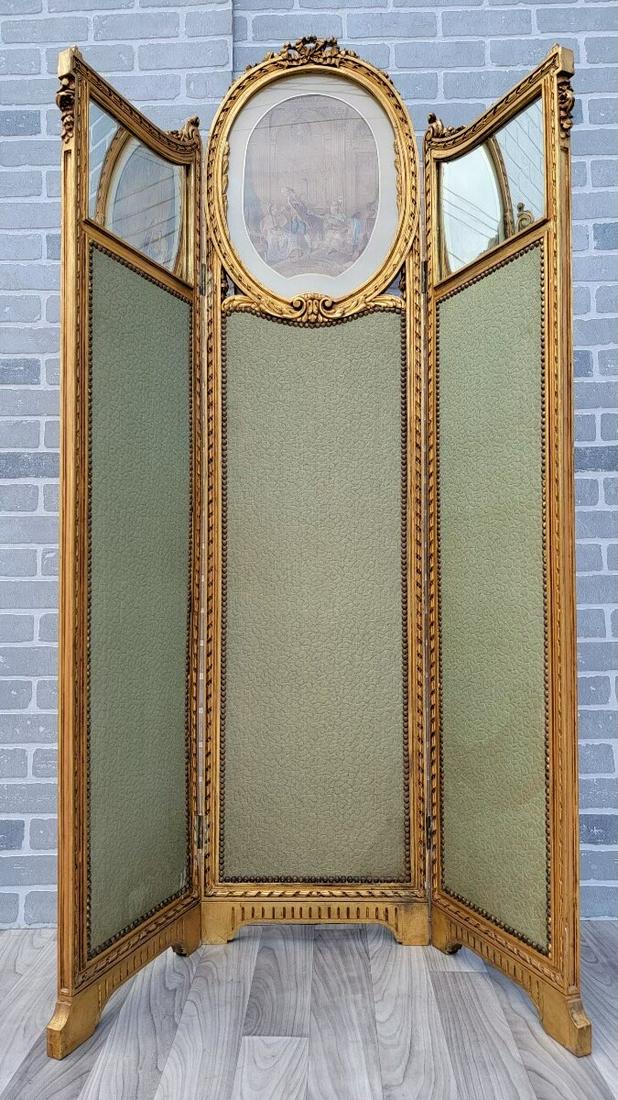 Antique French Neoclassical Revival Giltwood Mirror and Upholstered 3-Panel Screen (1 of 10)