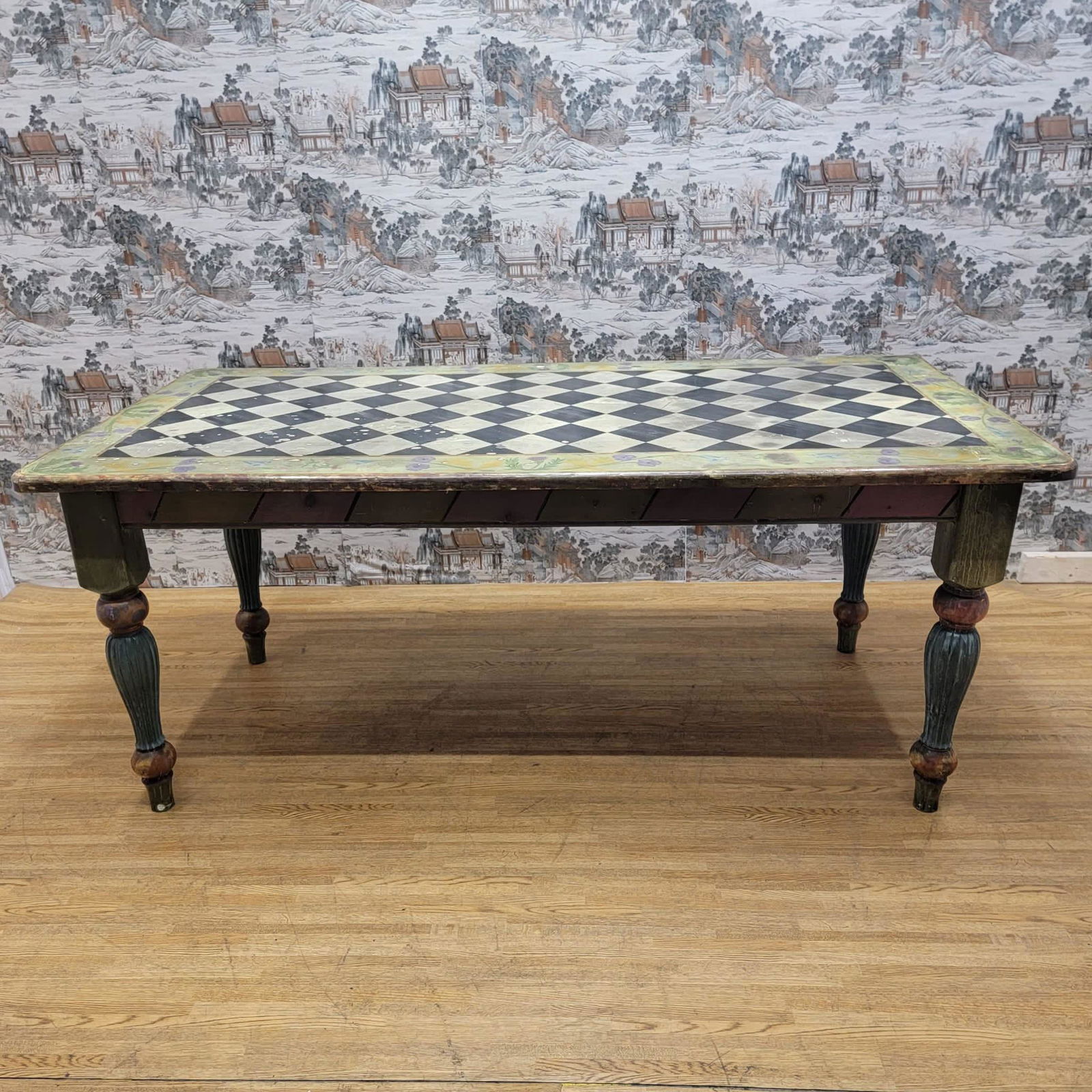 Vintage Pine Hand Painted 6 Seat Dining Table: Vintage from the 1980s Materials: pine, paint Width: 72 inches Height: 30 inches Depth: 36.5 inches Description Vintage Pine Hand Painted 6 Seat Dining Table This vintage pine hand painted dining tabl