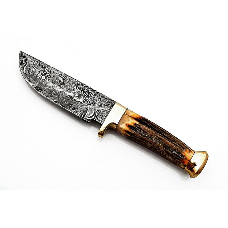 Hunting exclusive pattern damascus steel knife hiking: Blade - damask steel Handle – stag horn with brass and wood spacers, brass bolsters Leather sheath – included Blade hardness – 55-60 HRC Total length – 8,75 (inch) Blade length