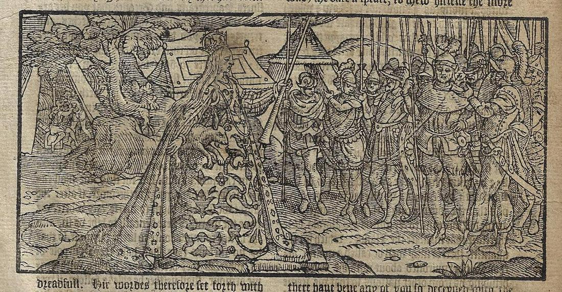 1577 Holinshed Woodcut Celtic Queen: An extract from "The Historie of Englande", by Raphael Holinshed, printed at London in 1577. Section of Boudica (Voadicia), Queen of the Celtics who led the defense against the Romans. Beautiful woodc