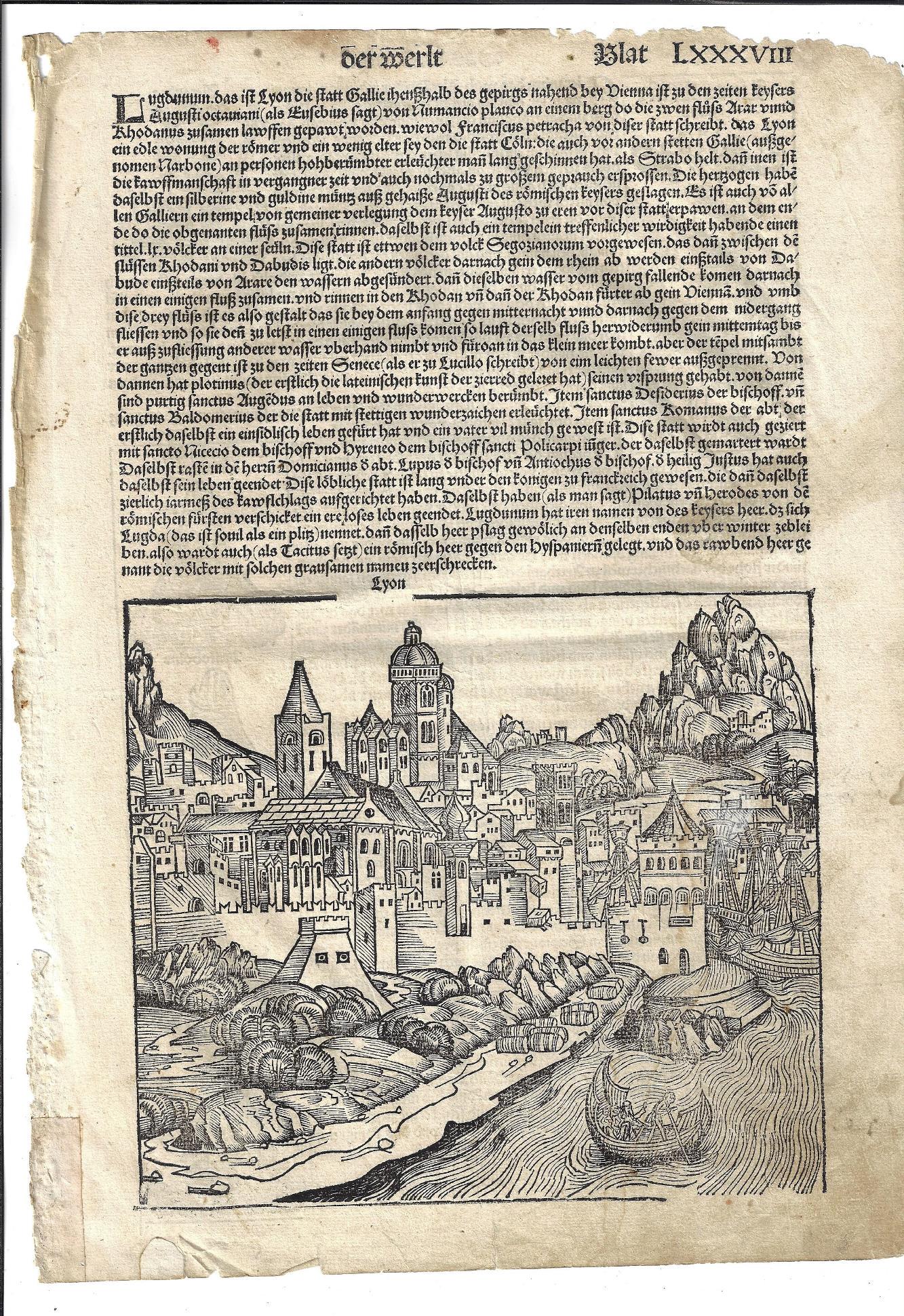 1493 Nuremburg Chronicle Leaf City of Lyon (1 of 3)