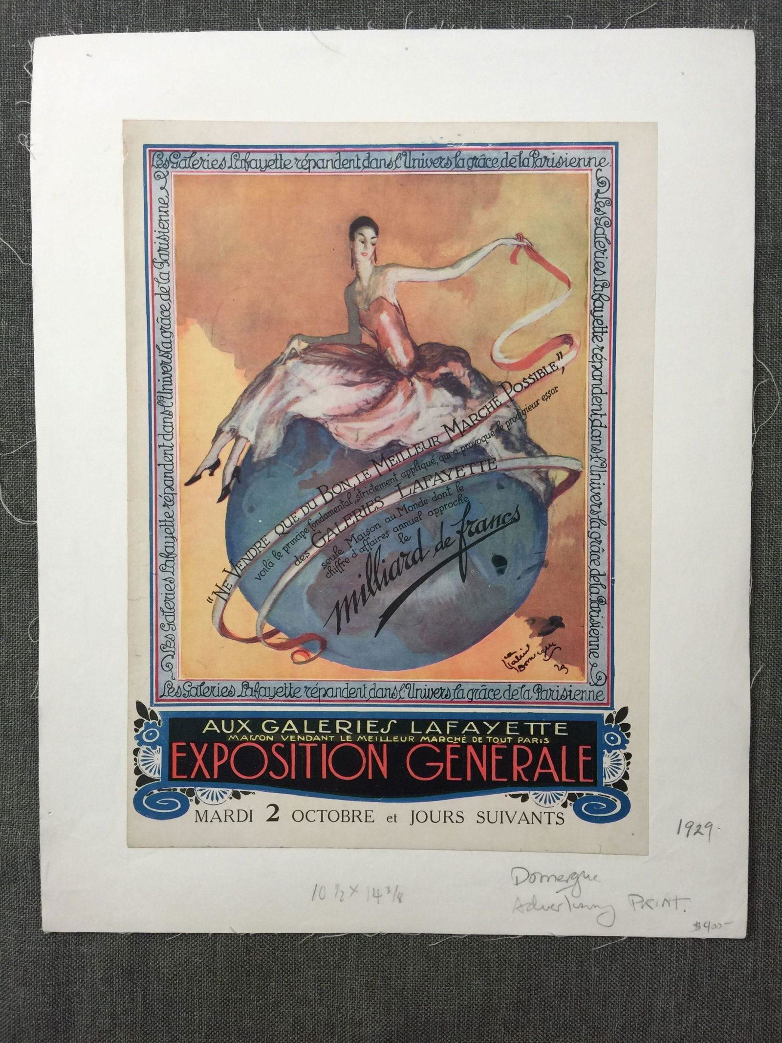 Exposition Generale - Art By Domegue (1929) 10.5" X 14.375 French Advertising Poster LB (1 of 1)