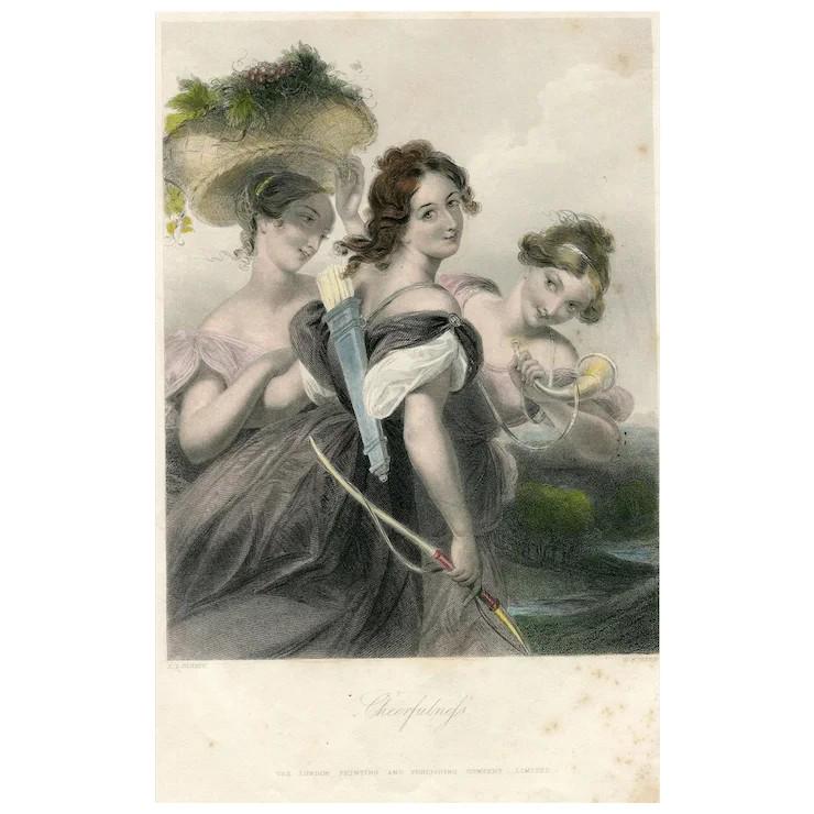 Cheerfulness, after E.T. Parris. H. Austen (1836): Title: Cheerfulness. Artist: after Edmund Thomas Parris (1793 – 1873). Engraver: H. Austen (1830- ). Description: Three women outdoors, one with archery equipment, looking over her shoulder to v