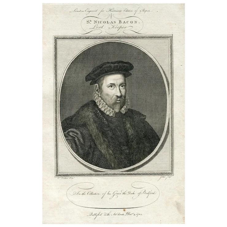 Sir Nicholas Bacon (Lord Keeper), 1784: Title: Nicholas Bacon, Lord Keeper. Artist: after a work of Federico Zuccaro (Italian, 1542 - 1609). Engraver: John Goldar (British, 1729-1795). Plate mark: 29x20 cms. Condition: some foxing due to ag