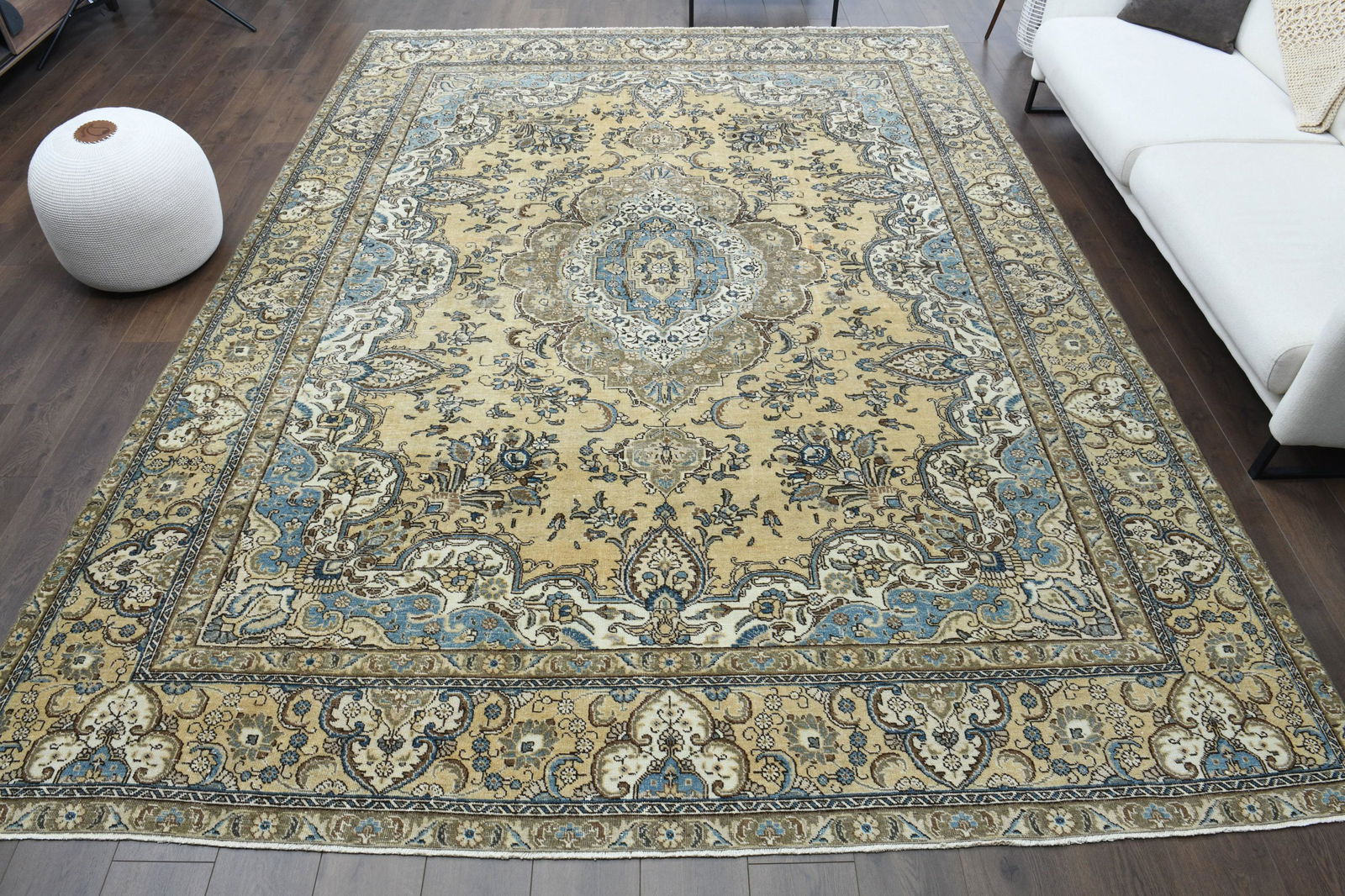 9x12 Pastel Oushak Antique Handmade Wool: Title: 9x12 Pastel Oushak Antique Handmade Wool Origin: Turkey Date/Period: 1960 - 1970 Dimension: Width: 12.1 feet Length: 9.2 feet Materials: Wool and Cotton Description: This one-of-a-kind Persian