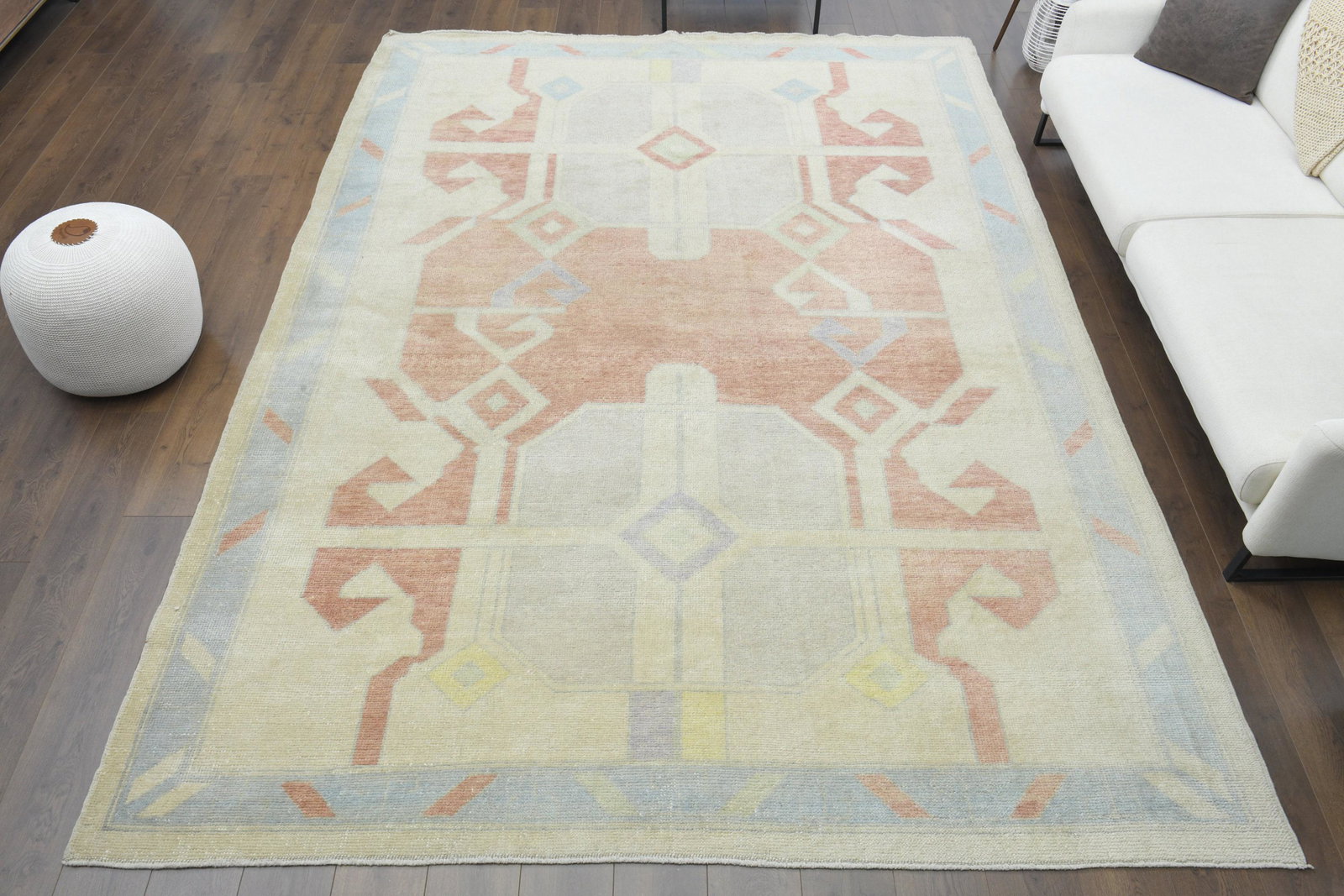 9x12 Pastel Oushak Antique Handmade Wool: Title: 9x12 Pastel Oushak Antique Handmade Wool Origin: Turkey Date/Period: 1960 - 1970 Dimension: Width: 8.5 feet Length: 11.5 feet Materials: Wool and Cotton Description: This one-of-a-kind Persian