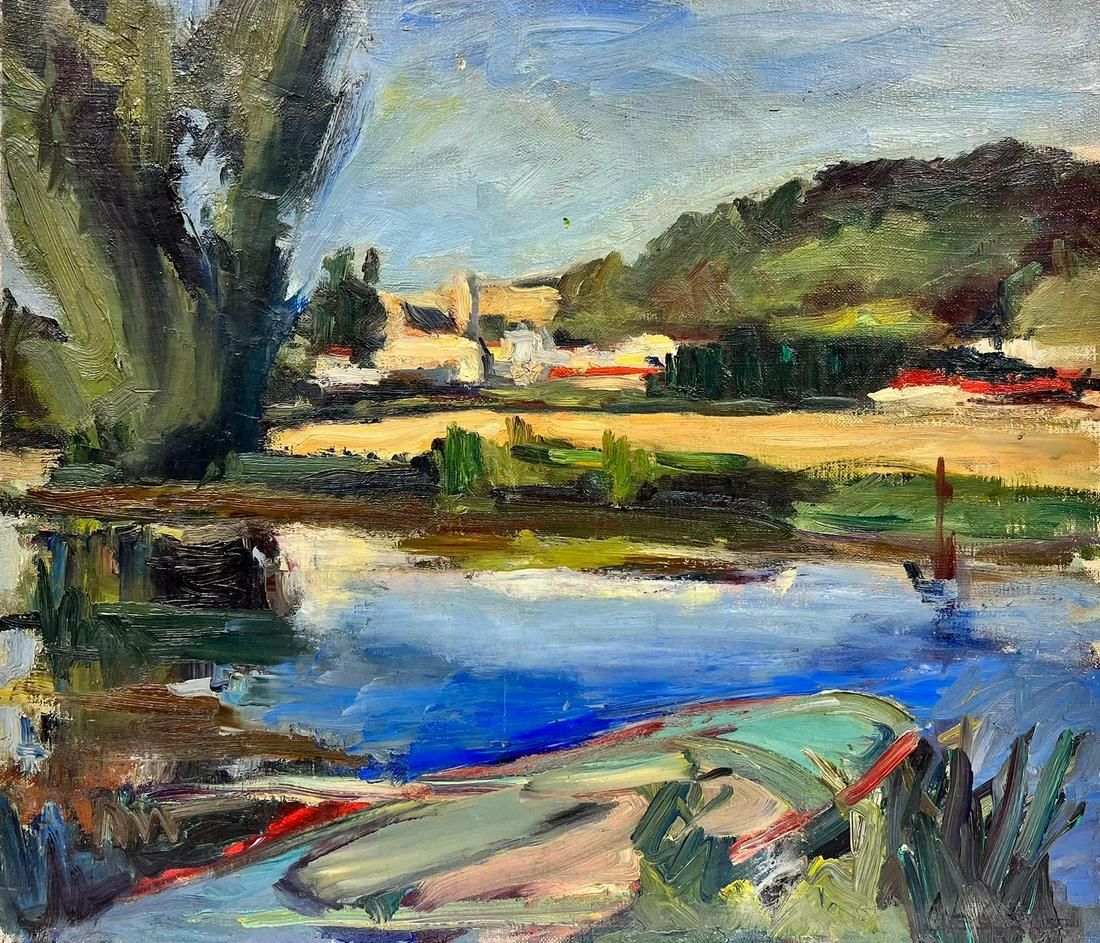 1930's French Post-Impressionist Oil Blue River Landscape Green Fields & Trees: Artist: Antique French Impressionist Title: 1930's French Post-Impressionist Oil Blue River Landscape Green Fields & Trees Description: Artist/ School: French Post-Impressionist (with Expressionist in