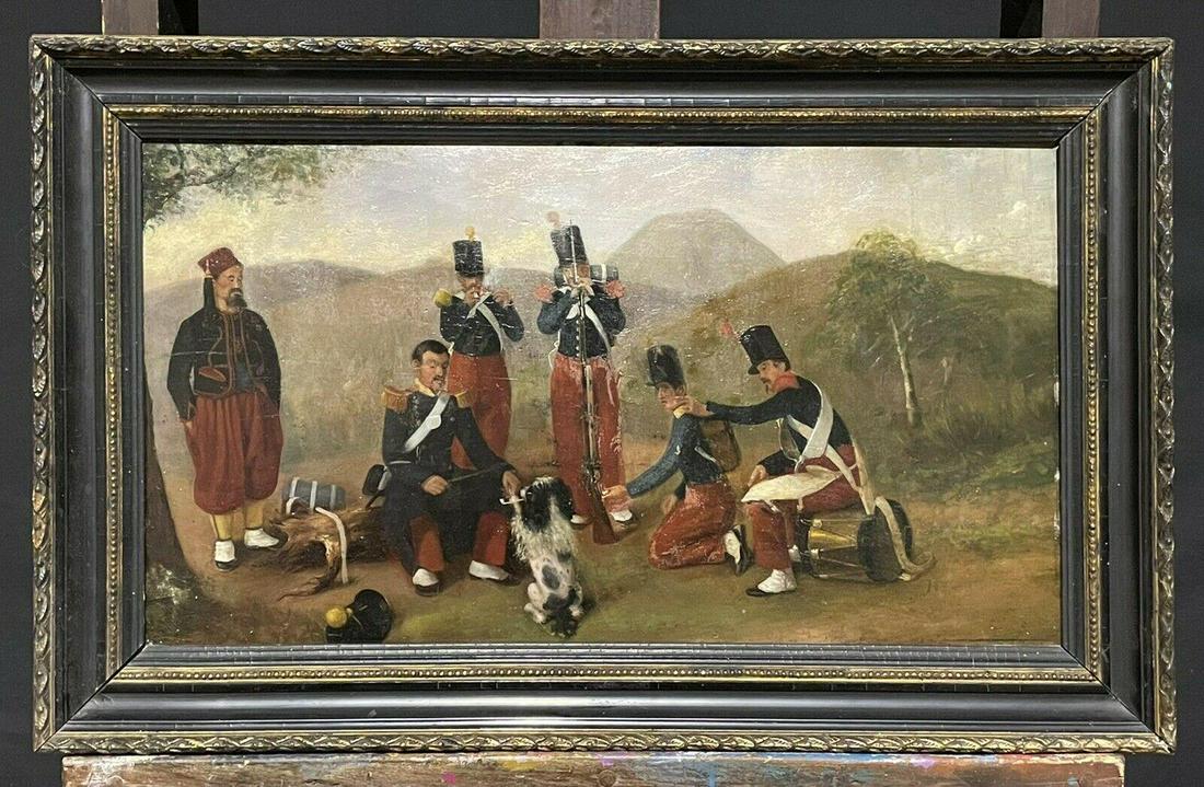 ANTIQUE FRENCH OIL PAINTING 19TH CENTURY SOLDIERS MAKING CAMP - MUSIC & DOG (1 of 8)