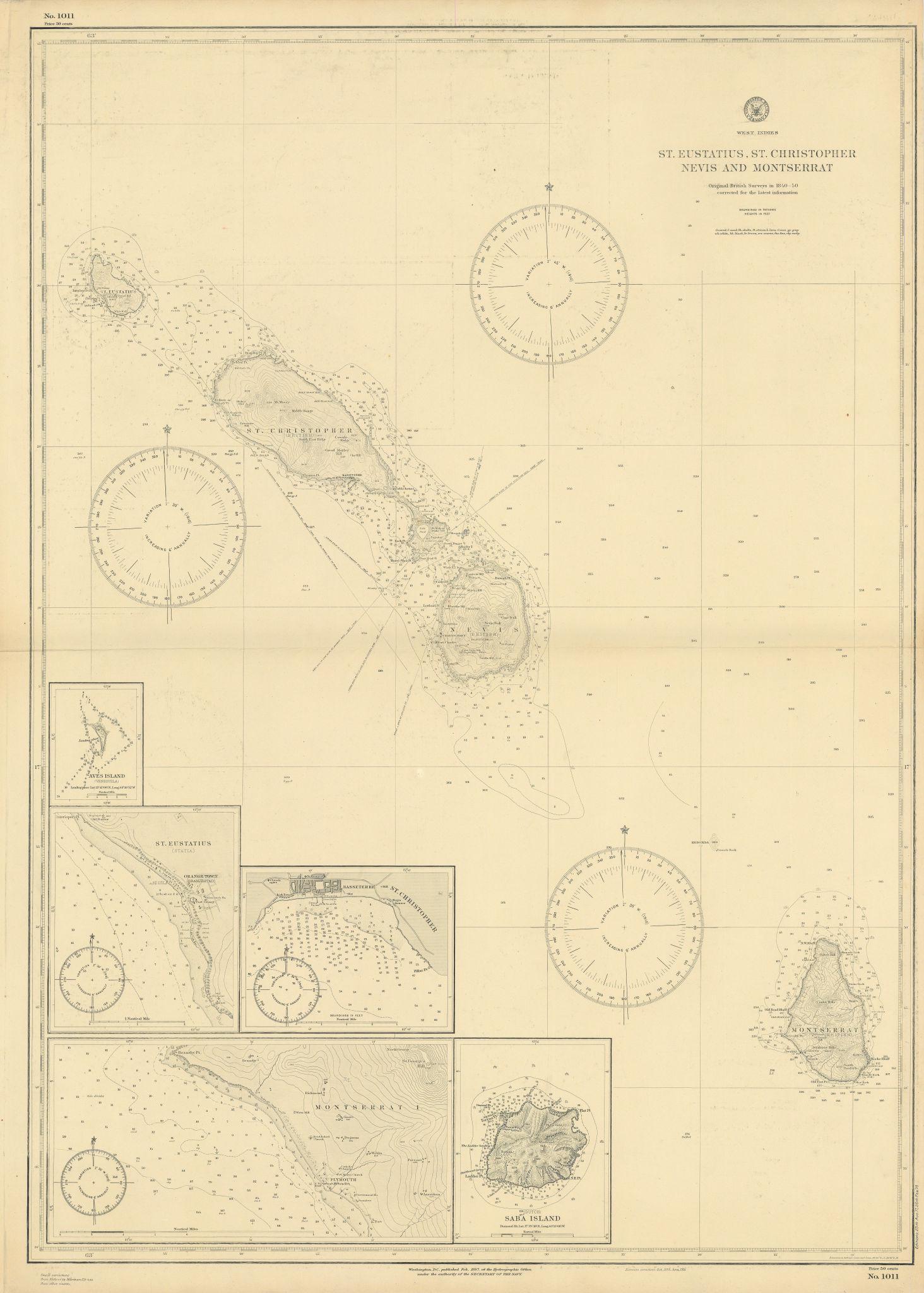 St Kitts Nevis Montserrat Saba Eustatius Caribbean US Navy chart 1887 (1917) map (1 of 1)