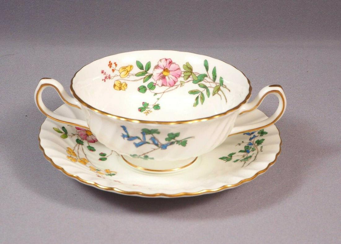 Minton Dainty Sprays S-511 Cream Soup Bowl Underplate Saucer Set England: This is a stunning set of one Cream Soup Bowl with underplate made by Minton in England. The set is in Dainty Sprays Pattern - S-511 It has pink, yellow and blue flowers and swill rim The pieces are p