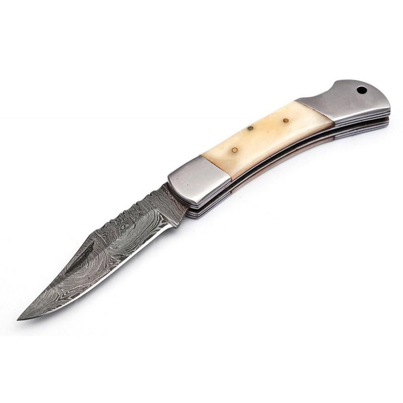 Handmade damascus steel knife folding pocket work: Blade - damask steel Handle – bone Leather sheath – included Blade hardness – 58-60 HRC Total length – 8,25 (inch) Blade length - 3,75 (inch) Blade Thickness – 3-4 mm Kni