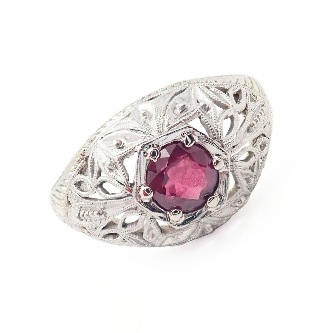 Vintage Estate 18k White Gold Ruby Art Deco Filigree Dome Top Ring (1 of 5)