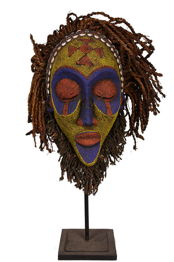 Mask - Wood, Beads, Cauris, Rope - Chokwe - Congo (1 of 8)