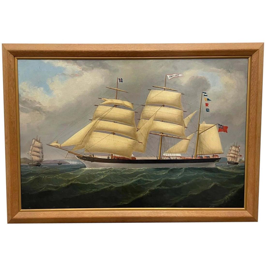 Antique Seascape Oil Painting Barque Sailing Ship Antilles Follower John Loos (1 of 12)