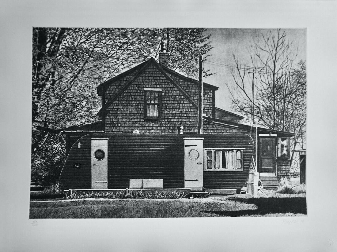 John Baeder House With Trailer: Artist: John Baeder Title: House With Trailer Year: 1979 Dimensions: 22 in. by 30 in. Edition: From the limited edition of 250 Medium: Etching Condition: Excellent Signature Details: Hand Signed Reser
