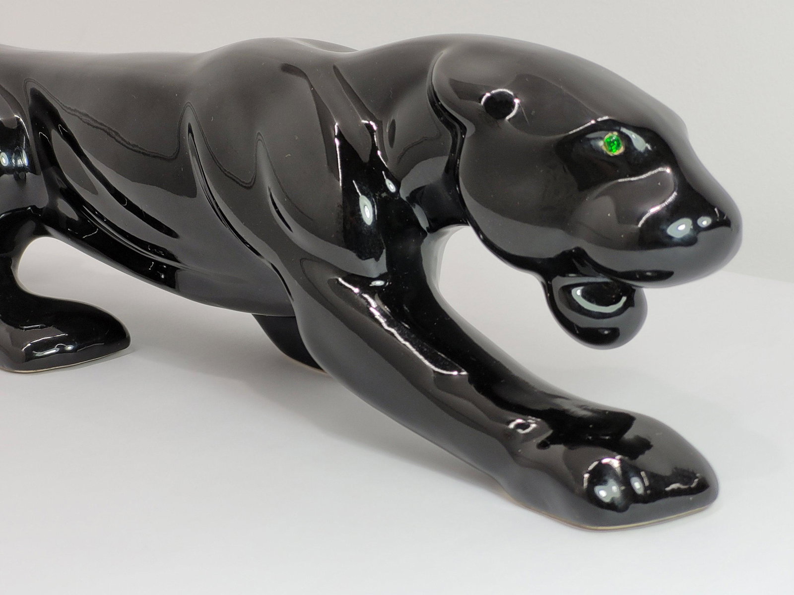 Mid Century Modern Black Panther Art Pottery Sculpture Vintage Table Top Cat Statue Jewel Green Eyes (1 of 10)