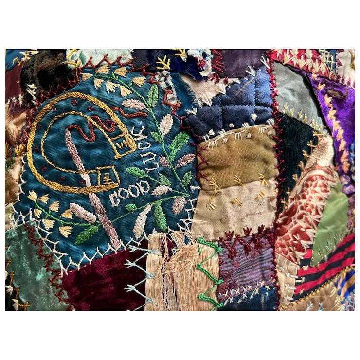 Antique 1887 Victorian crazy quilt highly decorated 49" (1 of 15)
