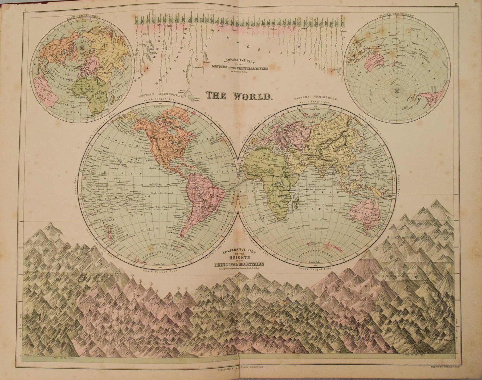 1882 Black World Map Plus Longest Rivers and Highest Moutains -- The World (1 of 1)