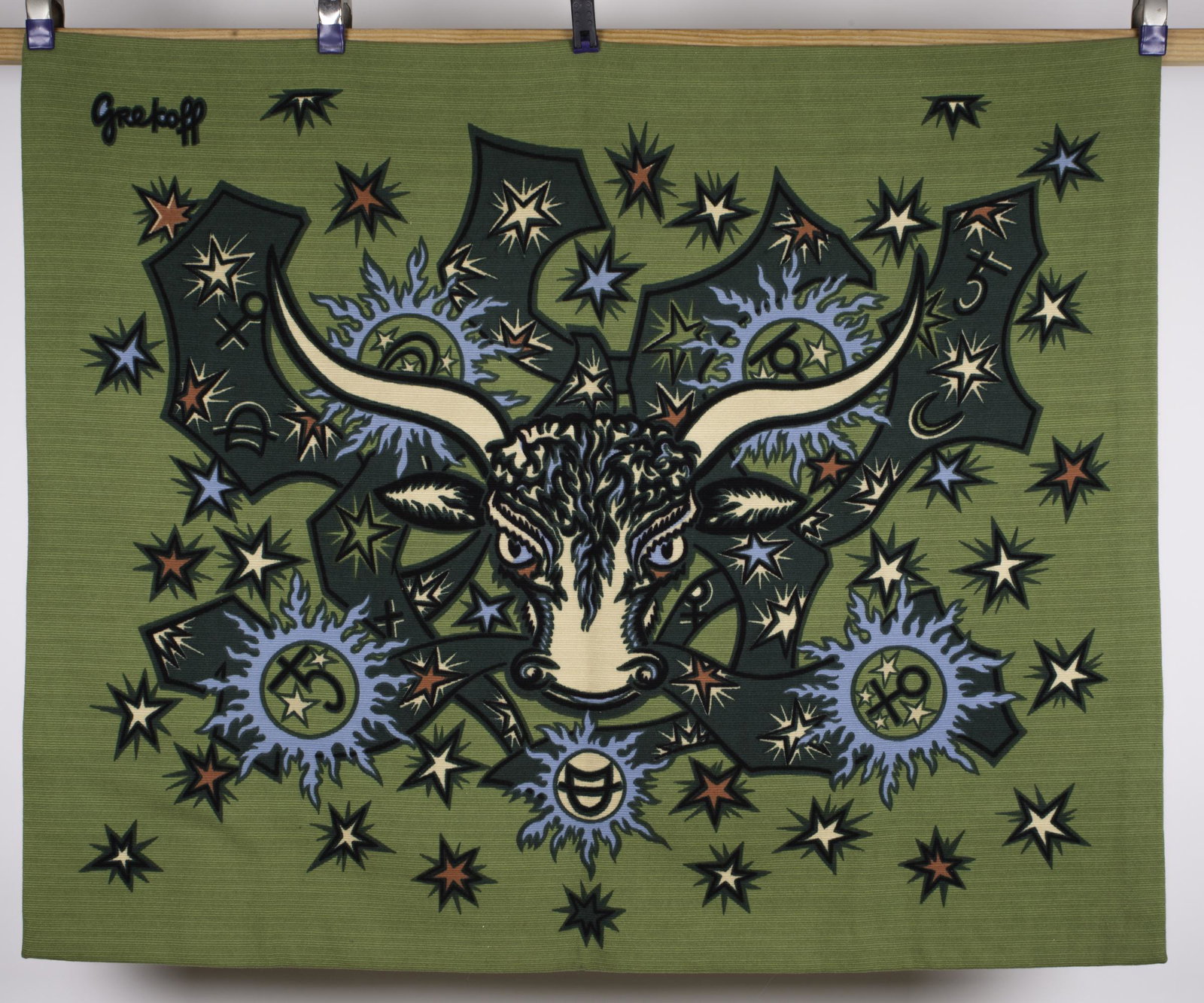 FRENCH SILSCREEN TAPESTRY elie GREKOFF Taureau Taurus: Elie Grekoff (1914–1985) is the illustrator, a Russian-born French artist , he was master " carton " creatorbetween 1945 and 1980, he did perform over 3000 m² of tapestry cartons, from a st