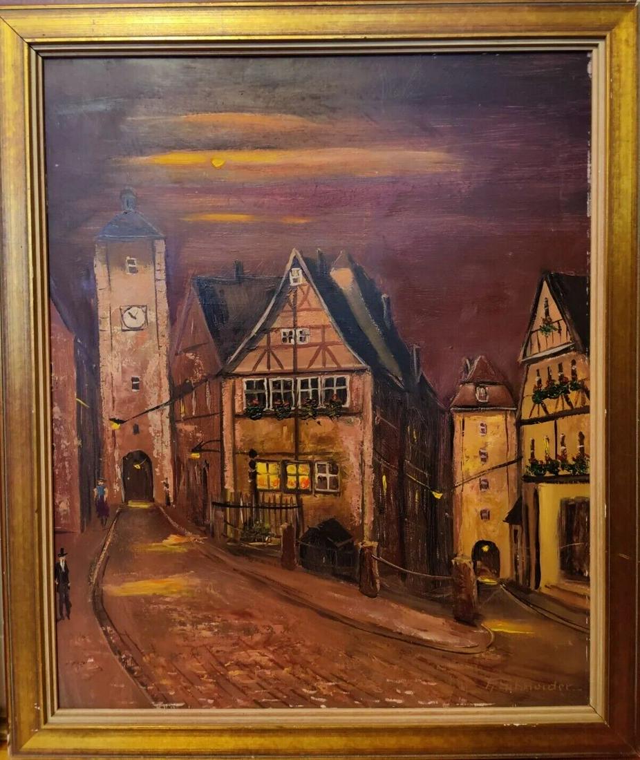 GERMAN SCHOOL CITY SEEN OIL ON CANVAS & WOOD FRAME SIGNED (1 of 3)
