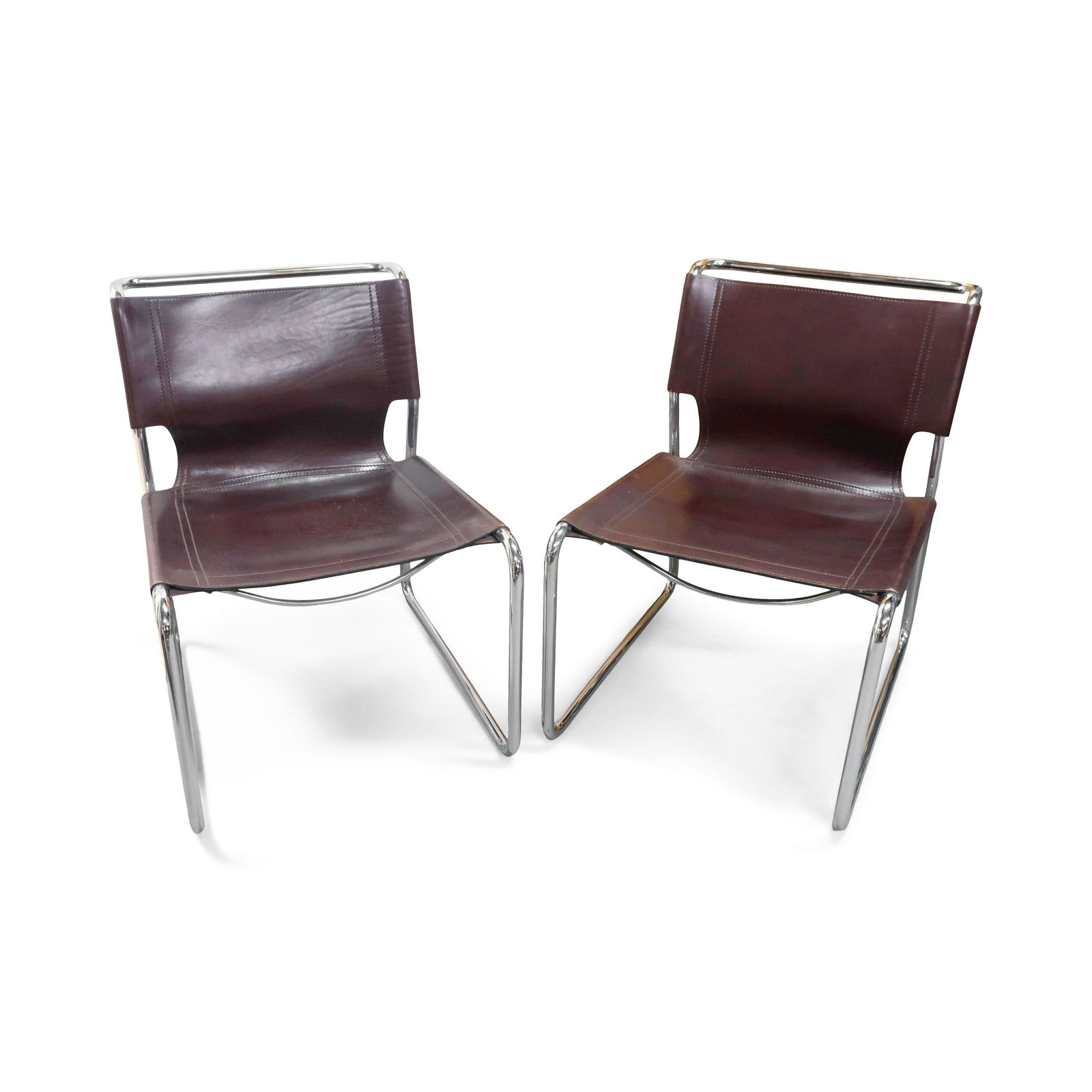 Pair Of Vintage Brown Leather And Chrome Chairs