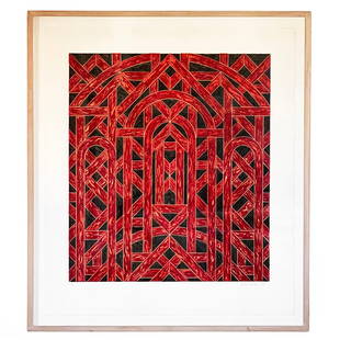 Limited Edition Valerie Jaudon Silkscreen Print (1981): A lovely black, red, and off-white abstract etched design by Valerie Jaudon (b. 1945), most famous for her role in the Pattern and Decoration Movement of the mid-1970s. Jaudon's work evokes motifs and