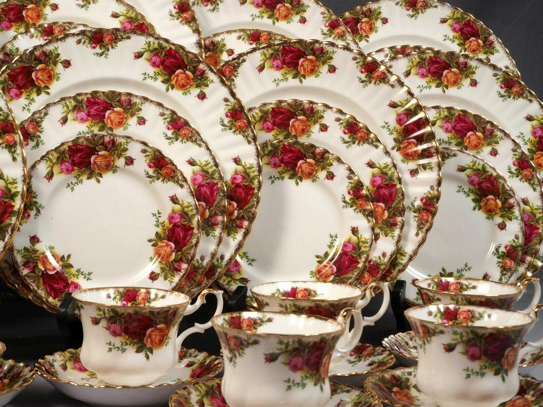 Royal Albert Old Country Roses Dinner Set Plate Salad Cup England FIRST EDITION: This is a gorgeous Bone China Dinner Service for 8 people with coffee/teacups. The set is from the renowned Royal Albert Old Country Roses collection - Made in England. The set is properly marked with