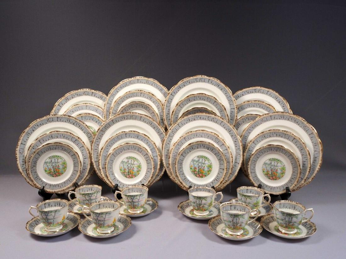 Royal Albert Silver Birch Dinner Set Plate Salad Bread Cup Bone China England: This is a Dinner set for 8 with coffee/teacups from the famous Silver Birch Collection. The set is made by Royal Albert in England. It is properly marked with a Royal Albert back stamp. The pieces hav