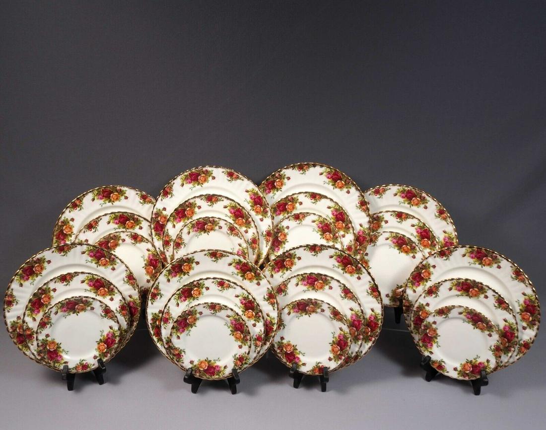 Royal Albert Old Country Roses Dinner Set Plate Salad England FIRST EDITION: This is a gorgeous Bone China Dinner Set for 8. The set is from the Royal Albert Old Country Roses collection - Made in England. The set is properly marked with a Royal Albert back stamp. It bears fir