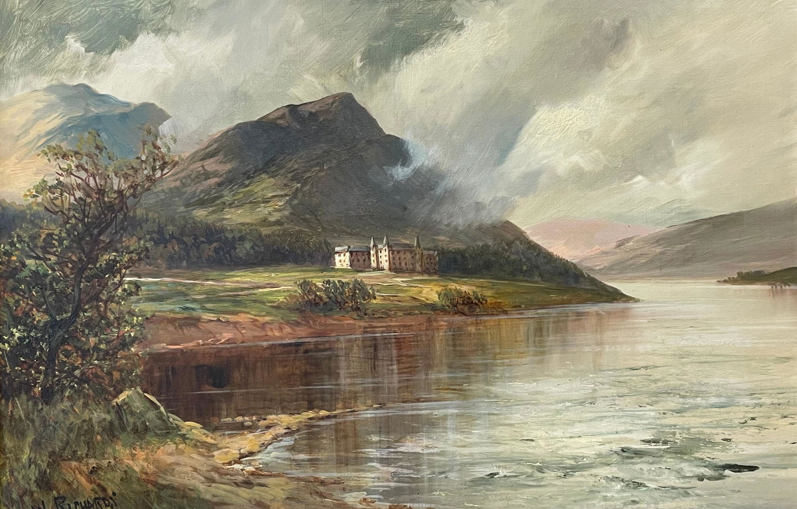 Francis E. Jamieson: Antique Scottish Highlands Signed Oil Painting Loch Achray Trossachs Hotel: Artist: Francis E. Jamieson Title: Antique Scottish Highlands Signed Oil Painting Loch Achray Trossachs Hotel Date/Period: c.1930's Additional Information: Creator Francis E. Jamieson (1890 - 1950, Br