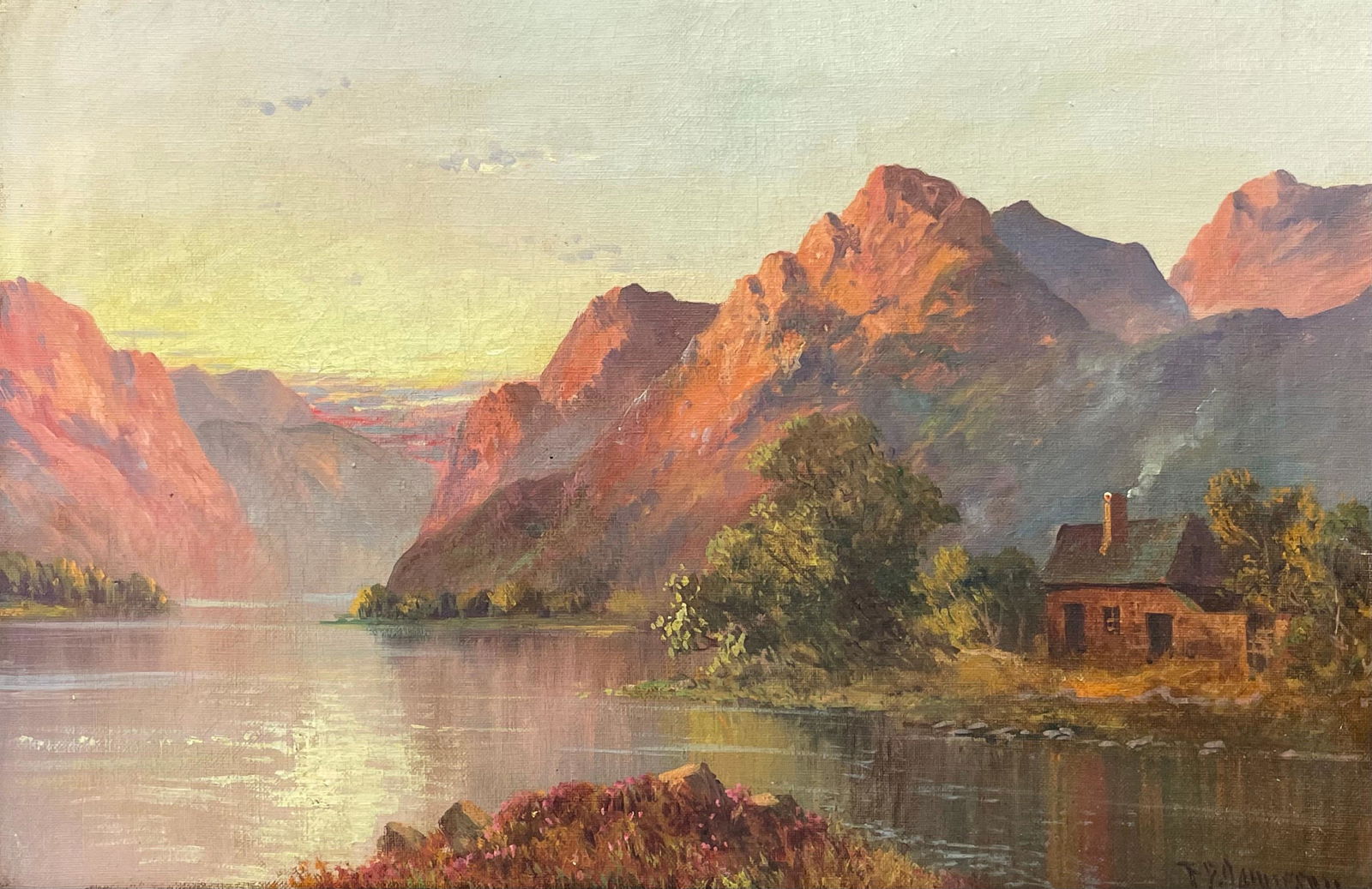 Francis E. Jamieson: Antique Scottish Highland Loch Scene at Sunset Rugged Mountains & Loch Cottage: Artist: Francis E. Jamieson Title: Antique Scottish Highland Loch Scene at Sunset Rugged Mountains & Loch Cottage Date/Period: c.1930's Additional Information: Creator Francis E. Jamieson (1890 - 1950