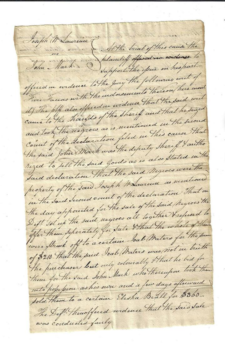 1813 Manuscript Legal Case Sale of Negroes Slaves (1 of 2)