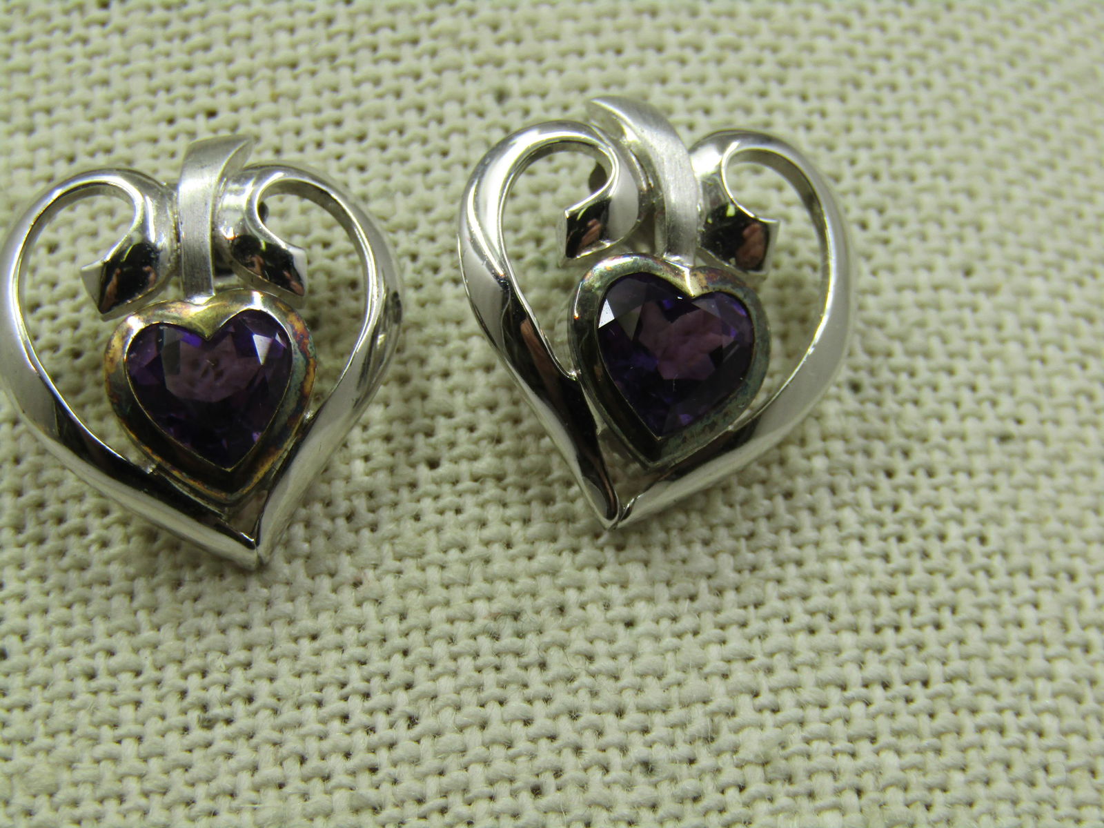 Vintage Sterling Amethyst Heart in Heart Earrings, Pierced, Signed (1 of 4)