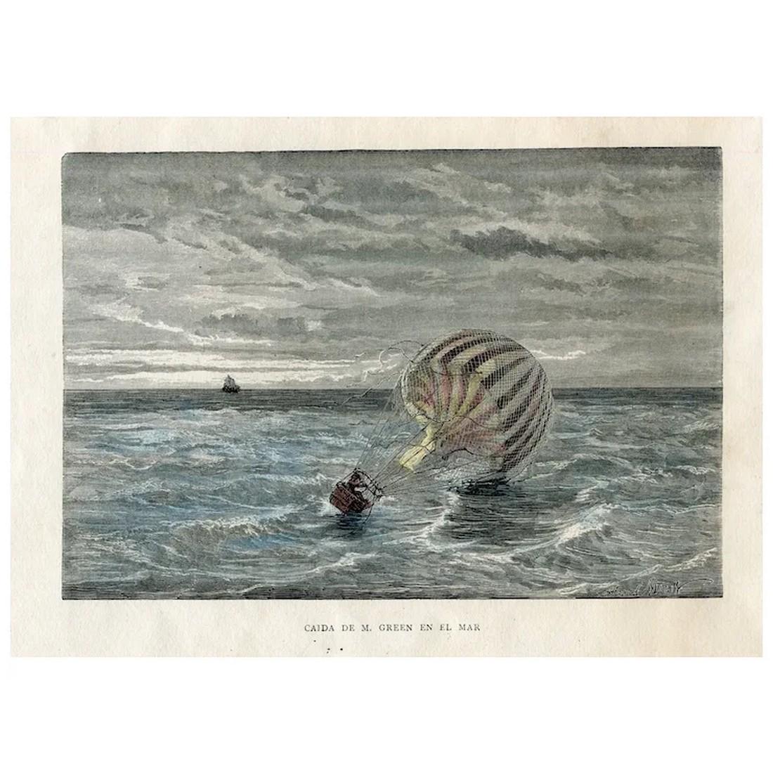 Charles Green hot-air balloon fallen into the sea - Antique engraving (1 of 4)