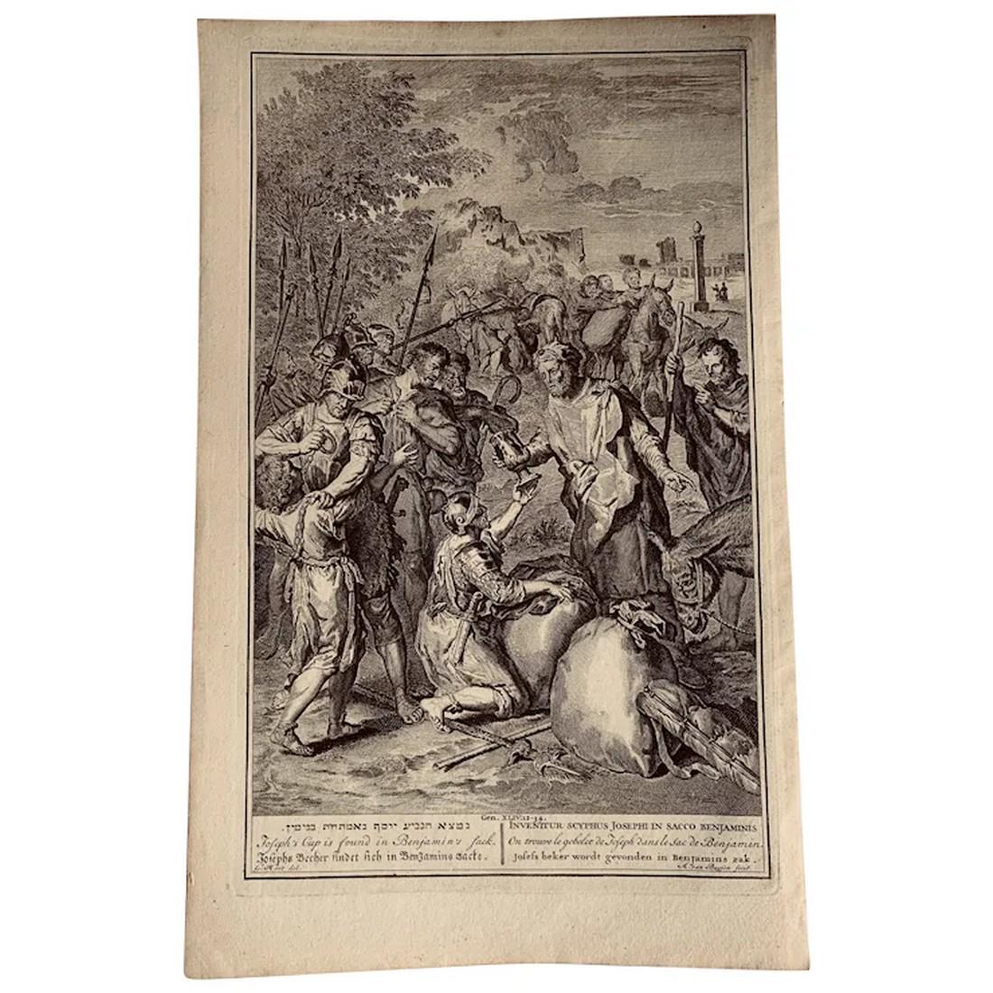 Joseph's cup found in Benjamin's sack - Dutch Bible Scenes - Antique Engraving (c.1720) (1 of 5)
