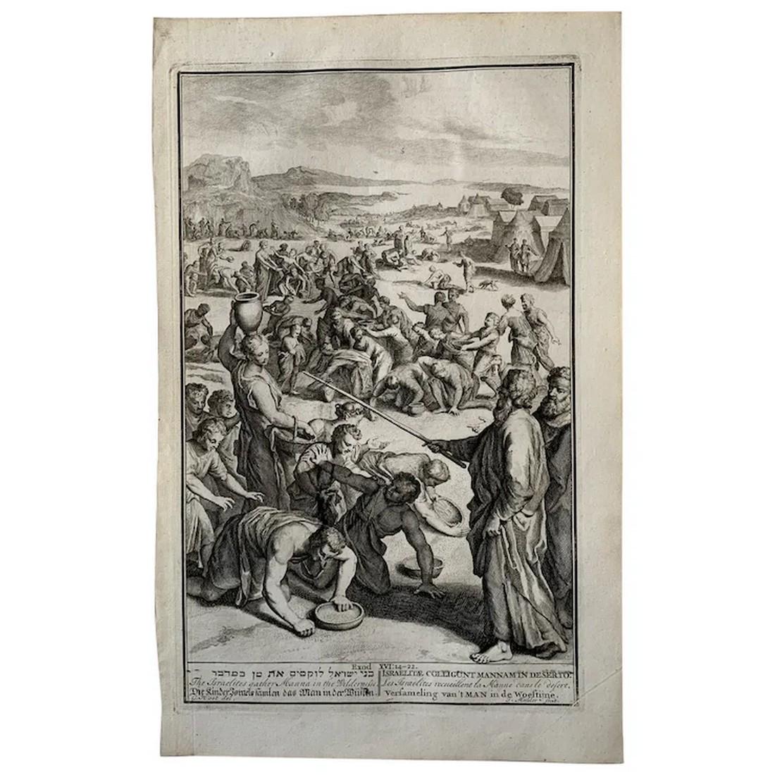 The israelites gather manna in the Wilderness - Dutch Bible Scenes - Antique Engraving (c.1720) (1 of 3)