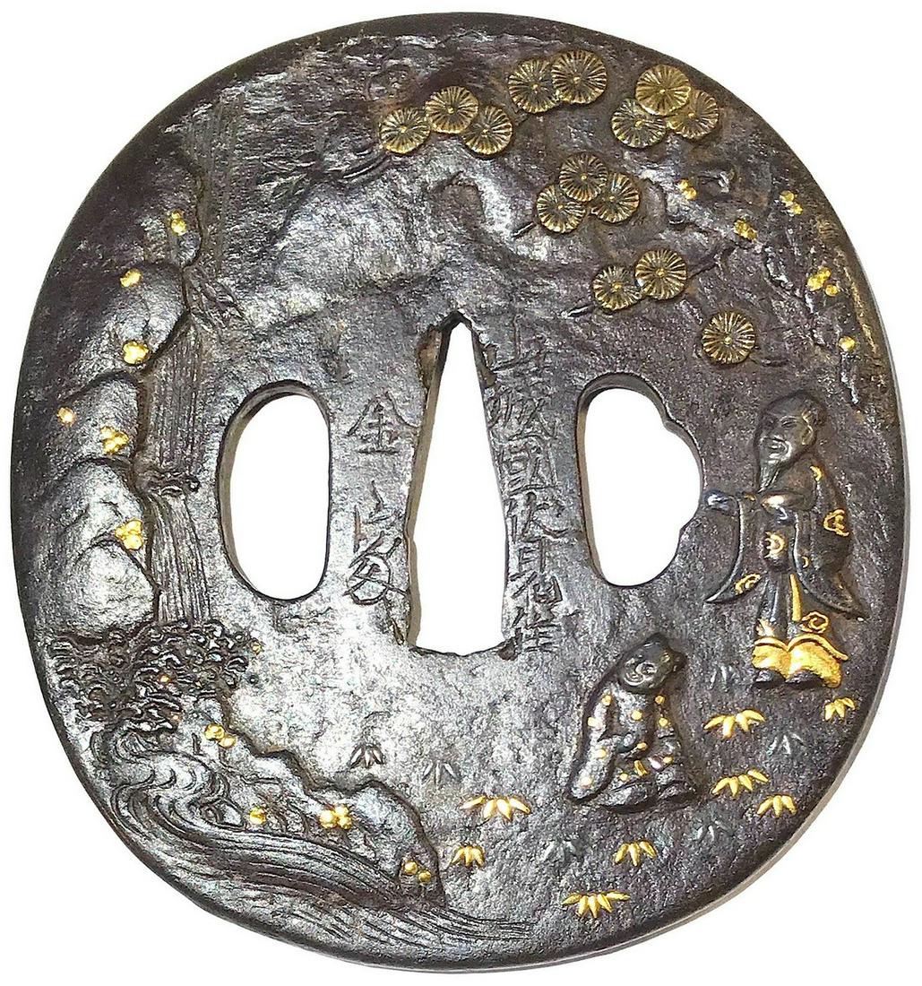 Iron tsuba with design of scholar and attendant in landscape by Kaneie school.: Title: Iron tsuba with design of scholar and attendant in landscape by Kaneie school. Date/Period: Edo period, 19th century Dimension: Height: 91.9 mm; Width: 85.6 mm; Thickness: 3.4 mm; Weight: 169 g