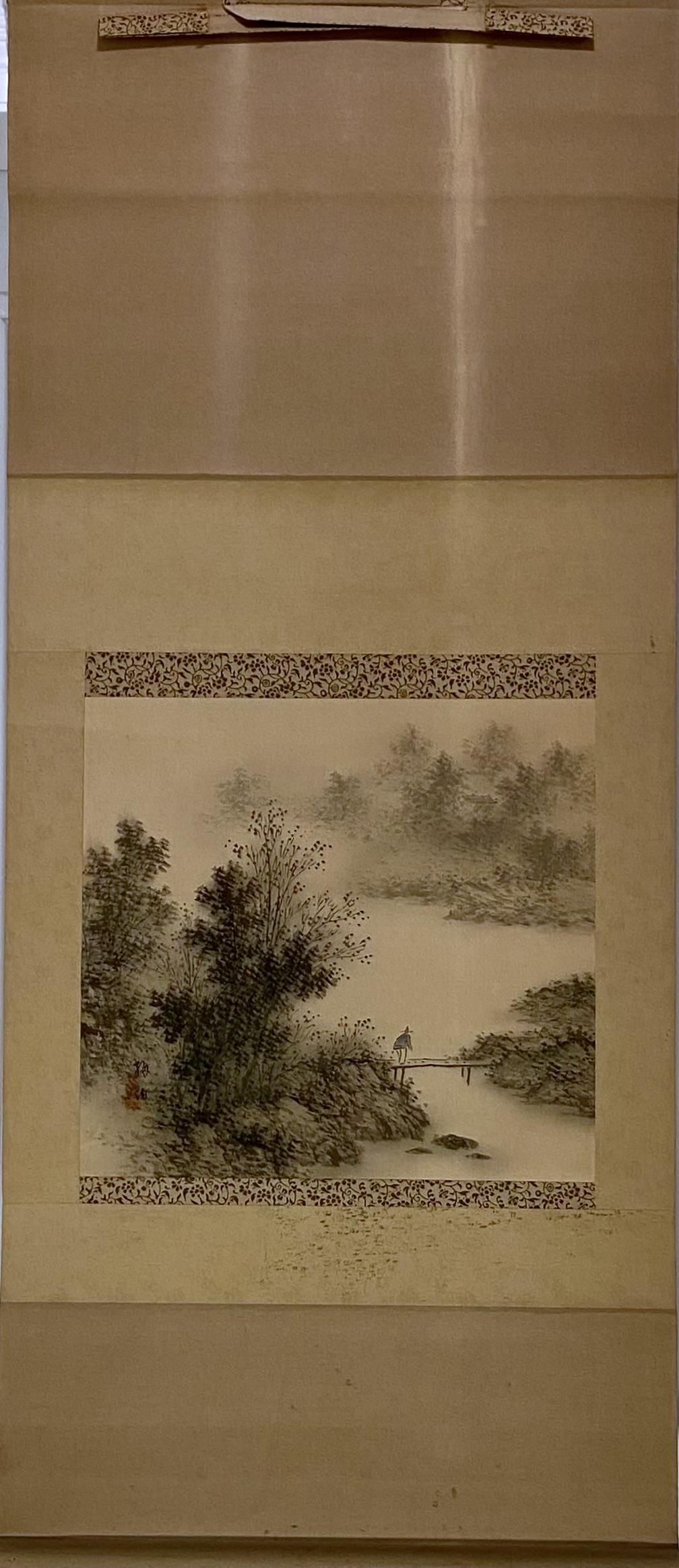 Landscape with a man on a bridge: Title: Landscape with a man on a bridge Date/Period: 19th century Dimension: 127 x 55 cm scroll (kakejiku); 39 x 41 cm painting (honshi) Materials: Colour on silk; wooden roller knobs (jikusaki) Addit