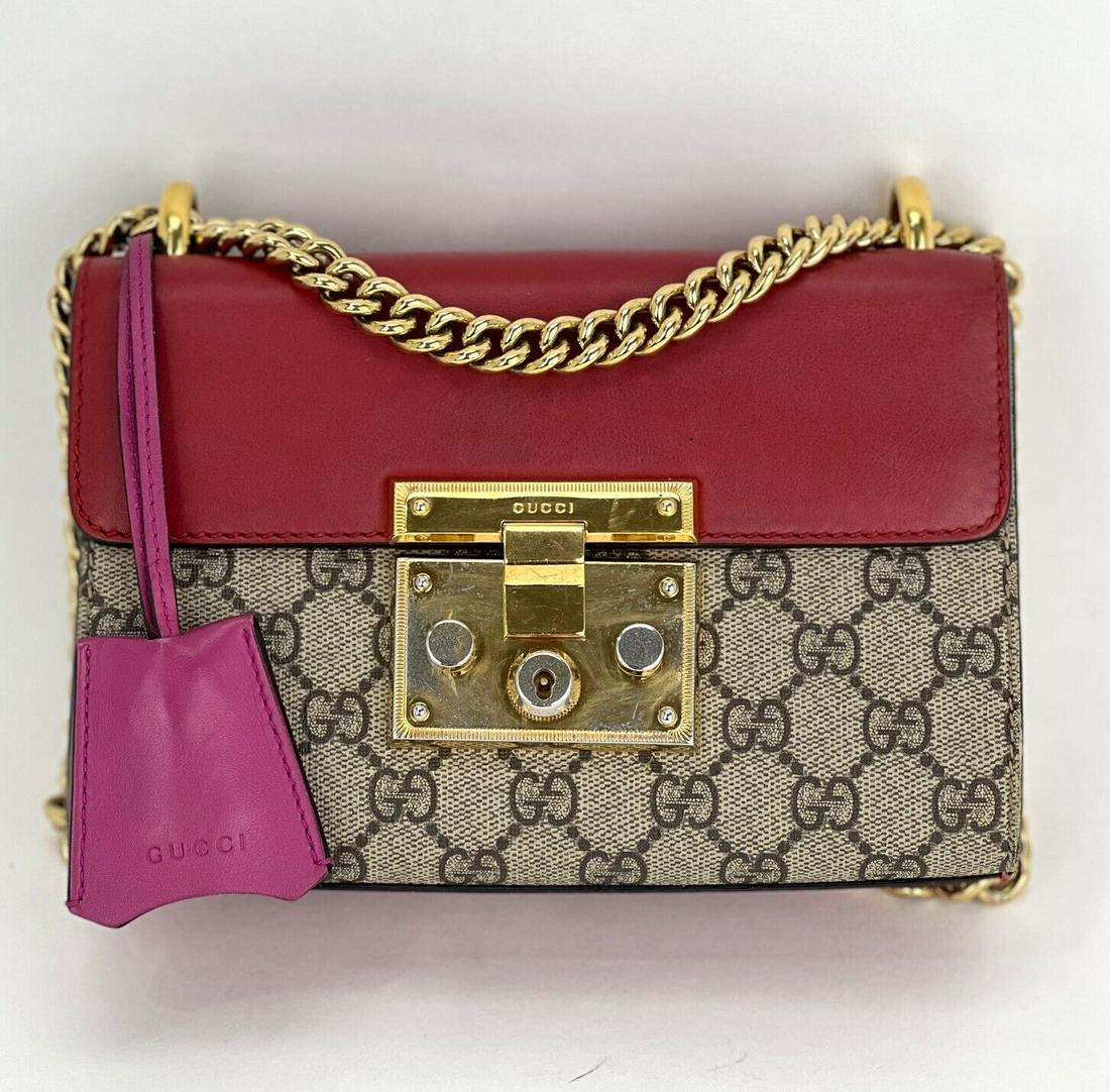 Gucci Handbag Padlock GG Supreme Canvas Leather Small Pink/Red Shoulder Bag B472 (1 of 12)
