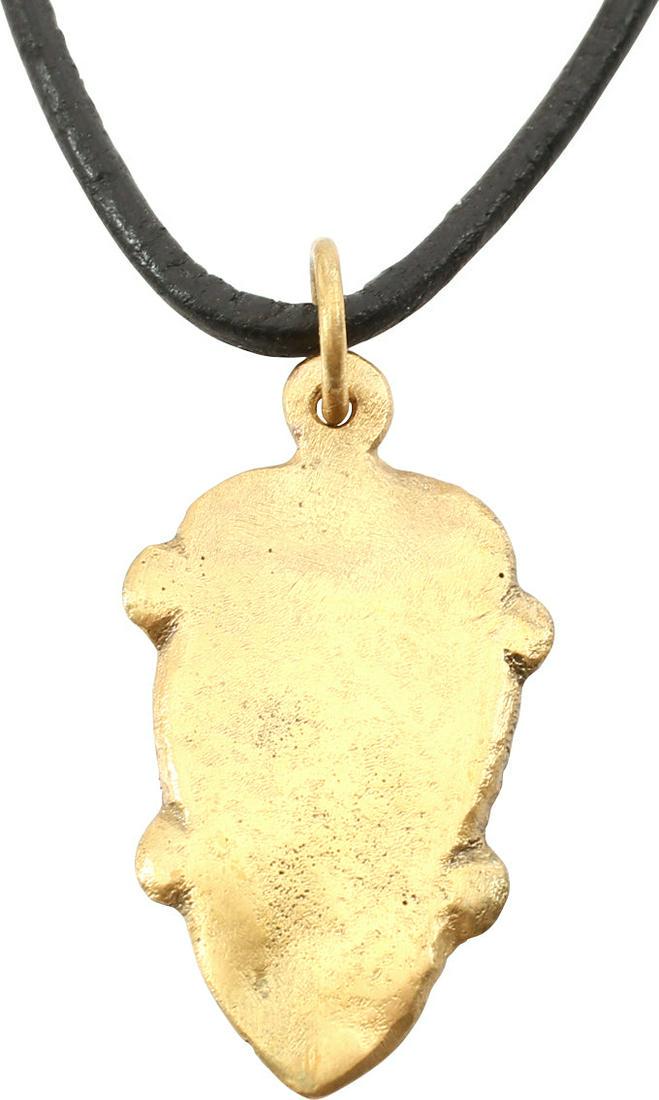 VARIATION VIKING HEART PENDANT, 9TH-10TH CENTURY: 1" height, made by the open-face mold technique. Gilt bronze of natural form, slightly cusped top and pointed bottom, nubs at the quarter points. Plain flat field suggesting provincial or colonial man