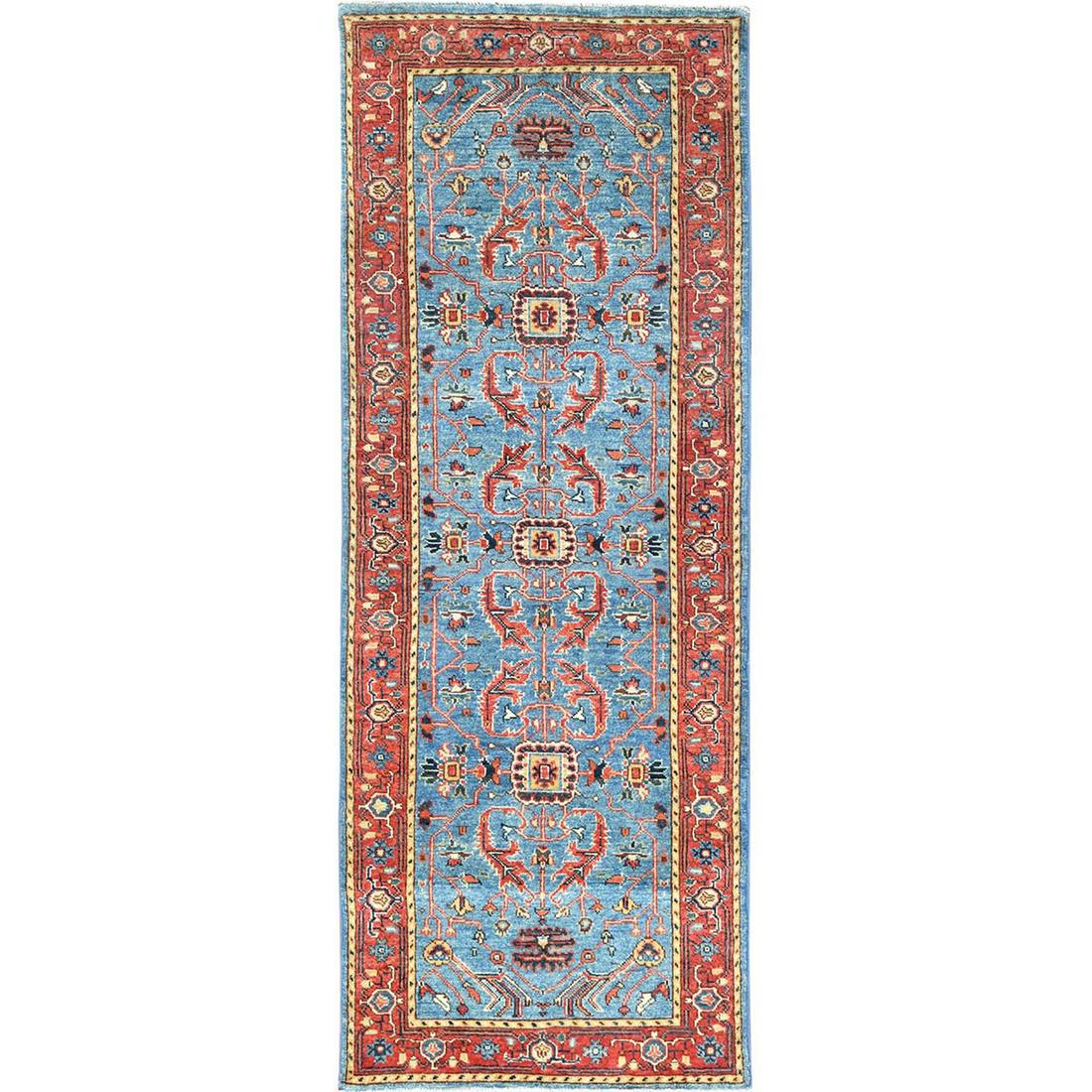 Ruddy Blue Afghan Peshawar Heriz Wool Hand Knotted Runner Oriental Rug (1 of 7)