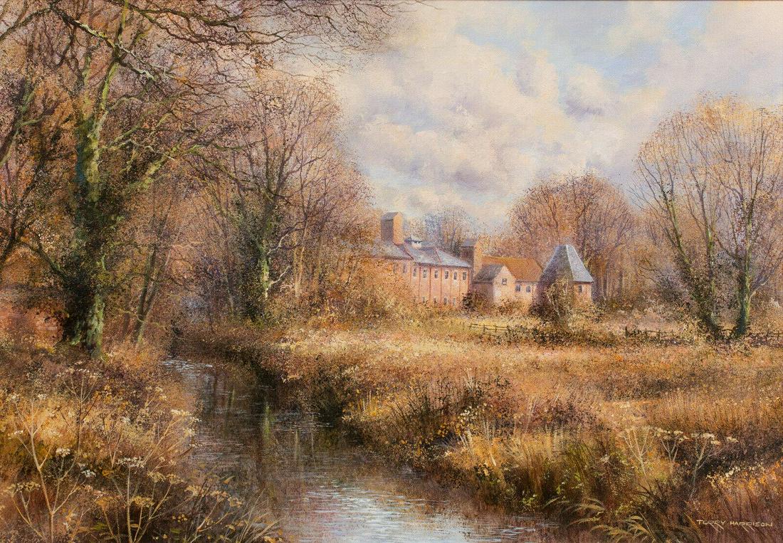 Terry Harrison (1951-2017) Original Signed Oil River Landscape with Old Building (1 of 1)